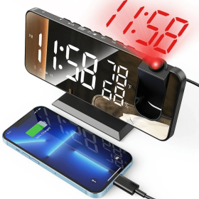 Projection Alarm Clock for Bedroom, Digital Alarm Clock Radio with USB Charger Ports, 7.3" Large LED Screen & 4 Adjustable Dimmer, Dual Alarm Clock wi (Brand: GPED)