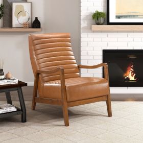 1pc Accent Chair Brown Faux Leather Walnut Finish Solid Rubberwood Modern Living Room Furniture (Color: as Pic)